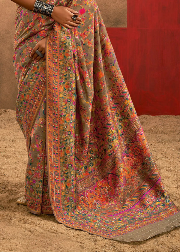 Warm Sand Beige Kashmiri Chinar Cotton Pashmina Saree