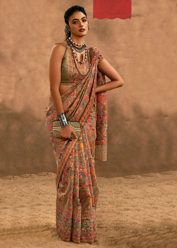 Warm Sand Beige Kashmiri Chinar Cotton Pashmina Saree
