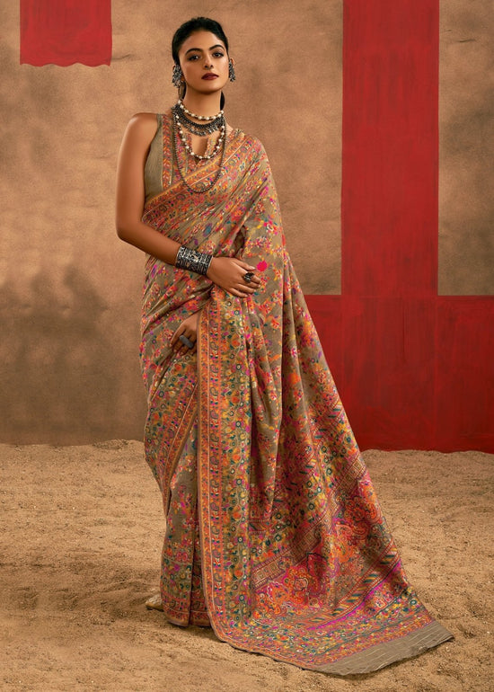 Warm Sand Beige Kashmiri Chinar Cotton Pashmina Saree