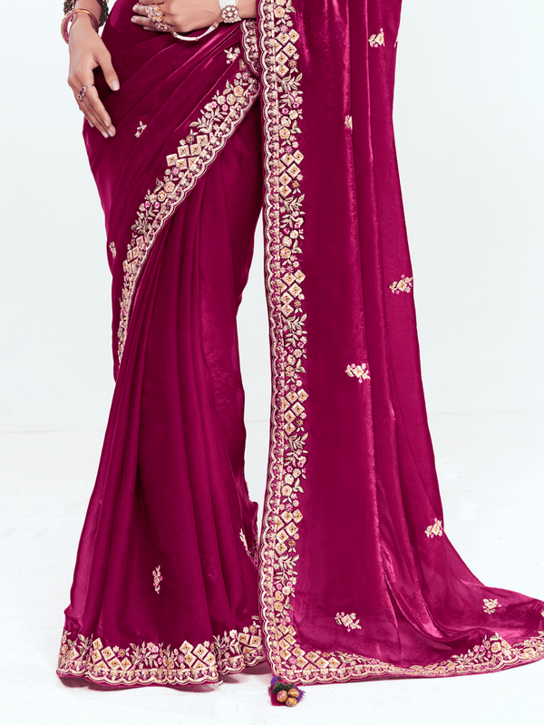 Wine Designer Satin Silk Saree With Contrast Blouse