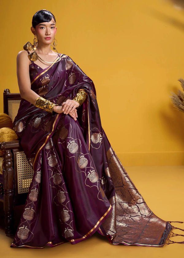Wine Purple Banarasi Satin Silk Saree