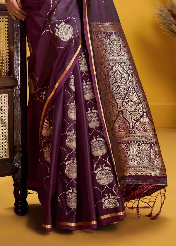 Wine Purple Banarasi Satin Silk Saree