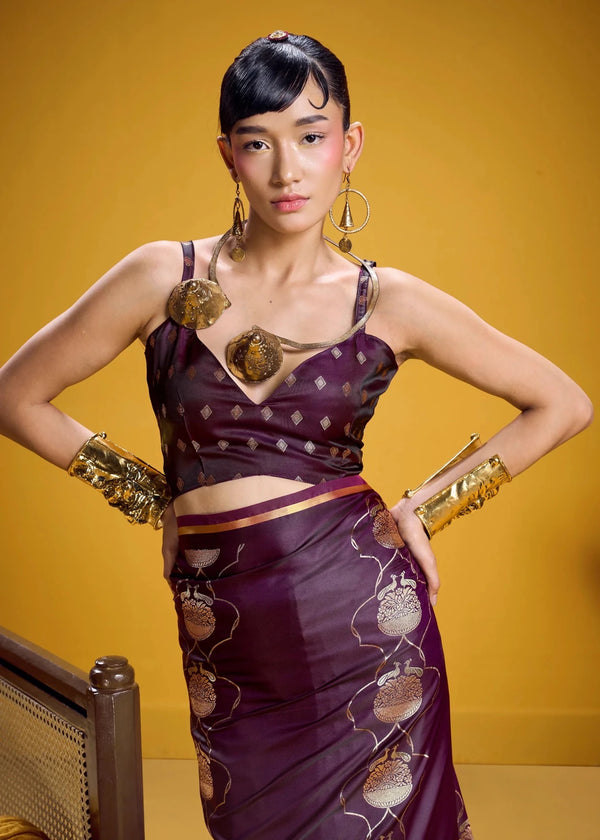 Wine Purple Banarasi Satin Silk Saree