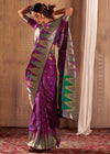 Wine Purple Woven Banarasi Silk Saree With Temple Border