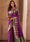 Wine Purple Woven Banarasi Silk Saree With Temple Border