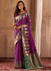 Wine Purple Woven Banarasi Silk Saree With Temple Border