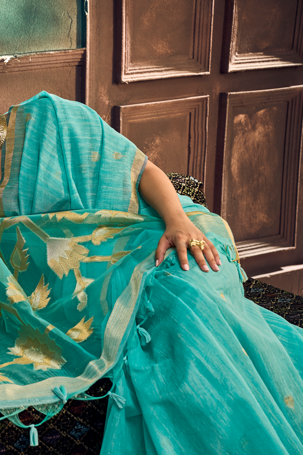 Aqua Blue Banarasi Cotton Silk Saree