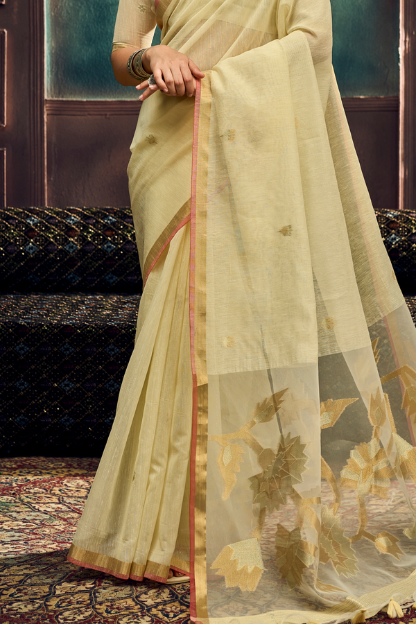 Ivory Cream Banarasi Cotton Silk Saree