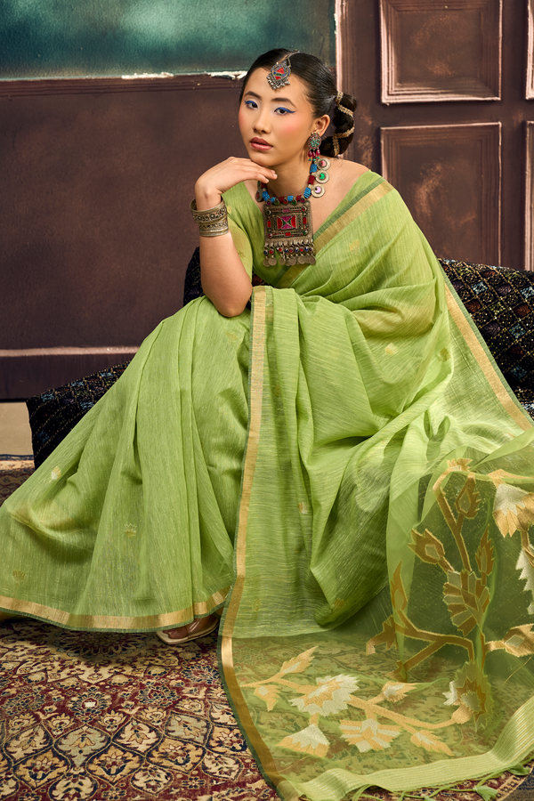 Pista Green Banarasi Cotton Silk Saree