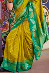 Yellow and Emerald Green Banarasi Soft Silk Saree