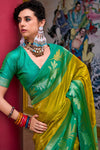 Yellow and Emerald Green Banarasi Soft Silk Saree