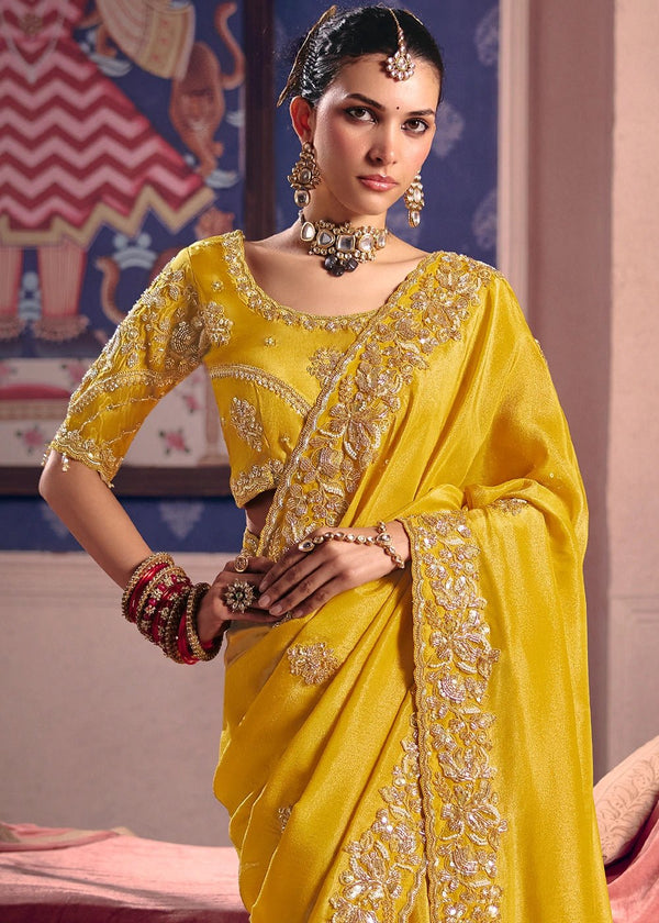 Yellow Zari Tissue Designer Embroidered Saree