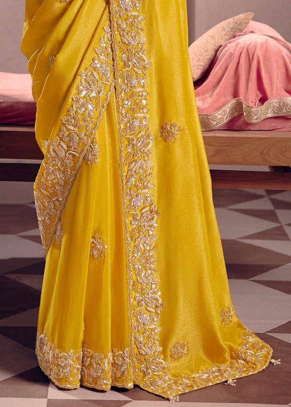 Yellow Zari Tissue Designer Embroidered Saree